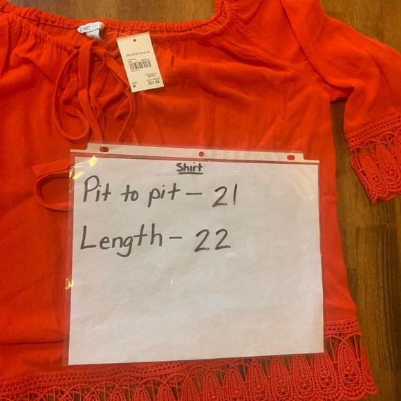 CATO NWT top Medium Poinciana Orange Crocheted trim sleeves bottom off shoulder - Picture 3 of 6